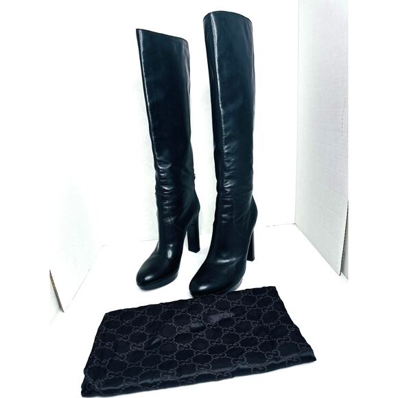 Gucci Black Leather Tall High Heel Platform knee high Boots Designer sz EU 39.5 - Picture 2 of 12